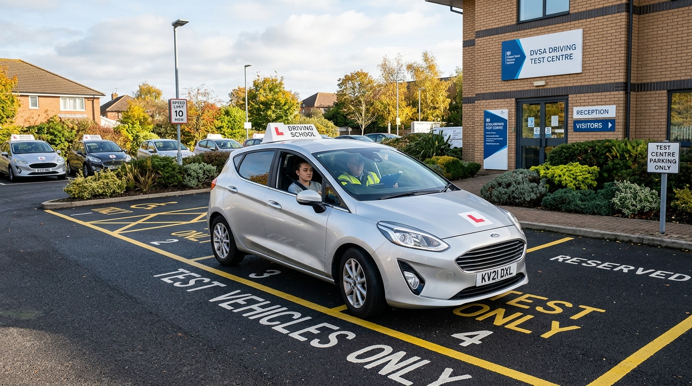 Right-hand-drive UK learner car arriving at a DVSA Driving Test Centre bay in morning sunlight